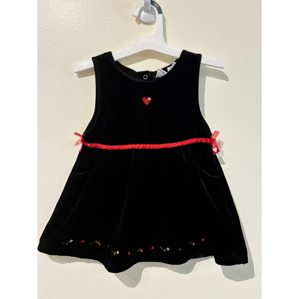 McKids Vintage Black Velvet Embroidered Heart Dress 18M Red Ribbon Trim Holiday